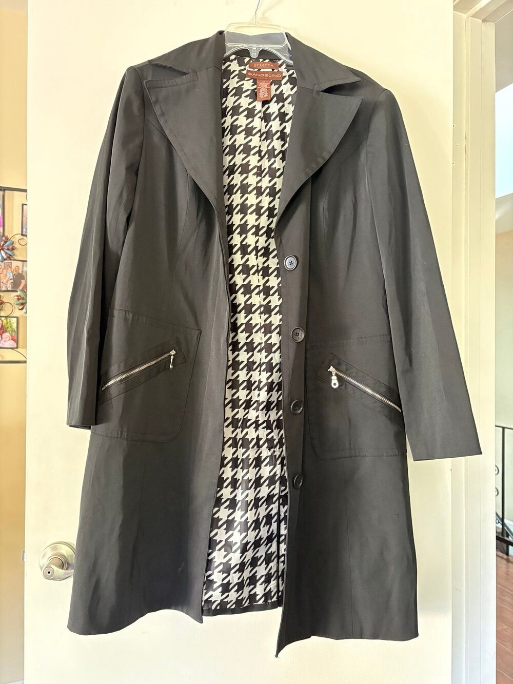 Vtg 90s Bandolino Black Trench Coat M Houndstooth Duster Raincoat Goth Jacket - Picture 2 of 9